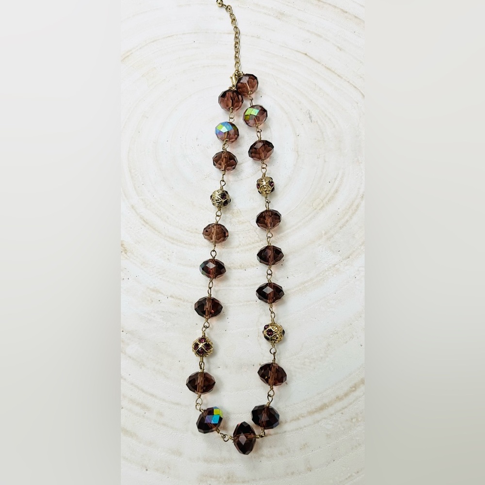 Necklace Brown Beads Boho Hippy Fashion Jewelry Gold Tone Chain NWOT